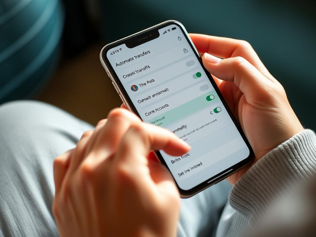 Person setting up automatic transfers on their banking app Person setting up automatic transfers on their banking app