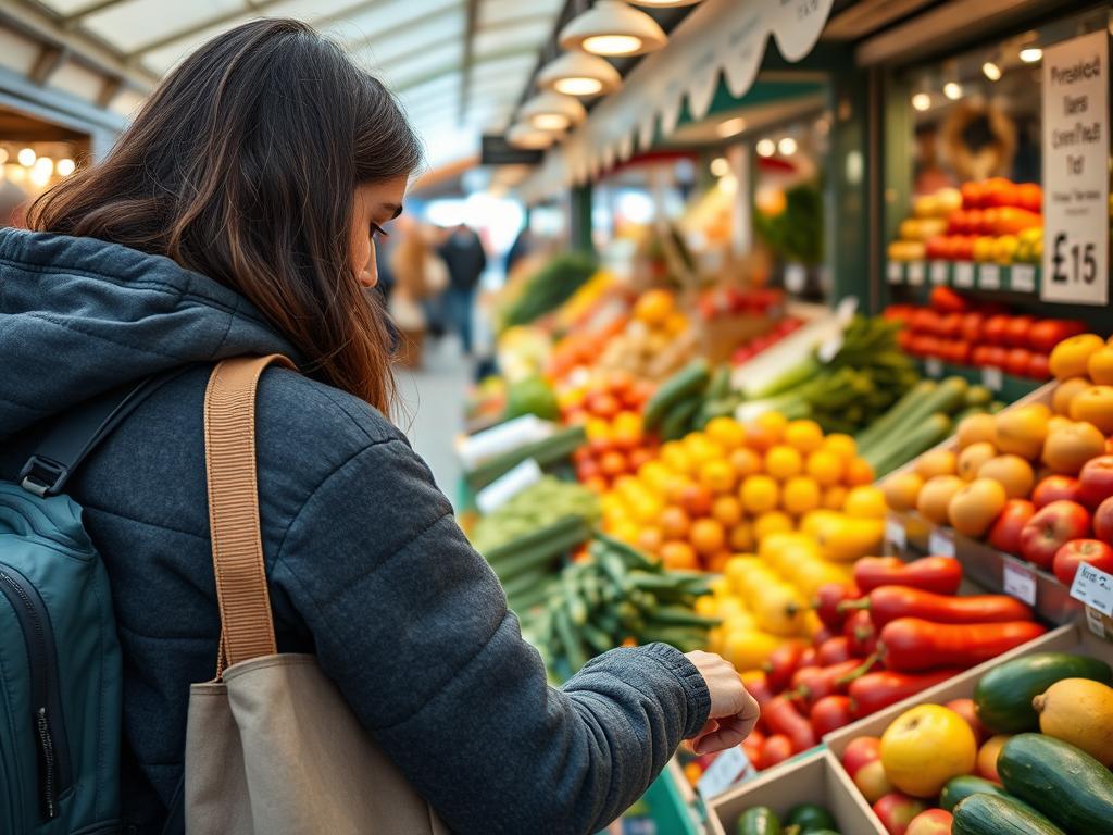 Person shopping at a local UK market for fresh produce
