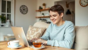 Person smiling while working on their budget on a laptop with a cup of tea nearby